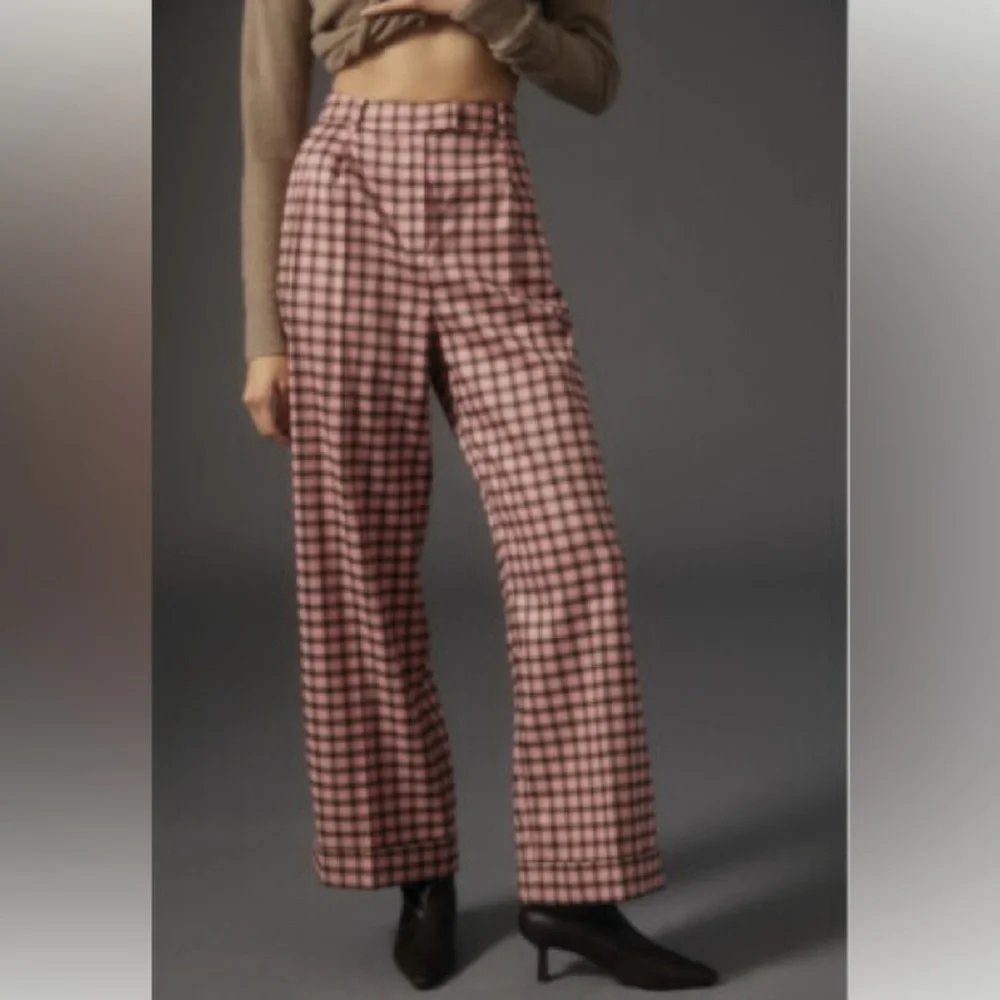 Anthropologie FRNCH Pink and Black Plaid Wide Leg Pants S